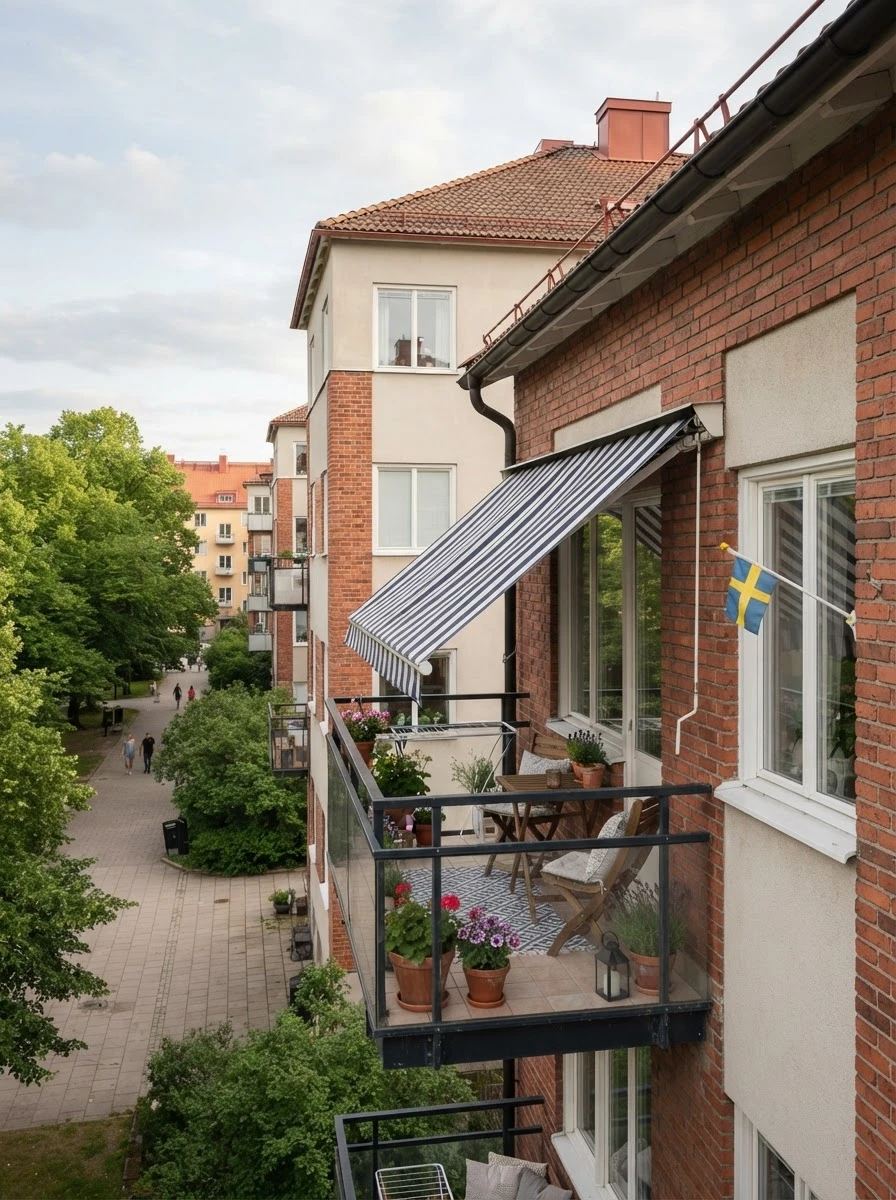 Blå- och vitrandig balkongmarkis på ett flerfamiljshus i tegel