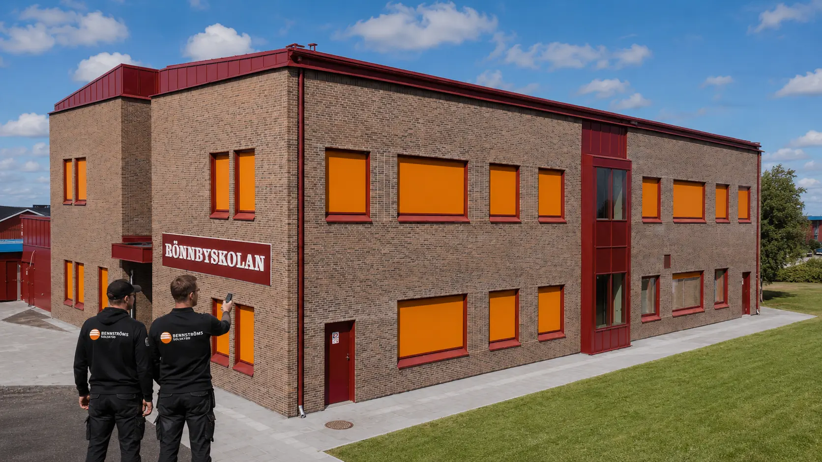 Rönnbyskolan med orange zipscreens i alla fönster och två montörer från Bennströms framför