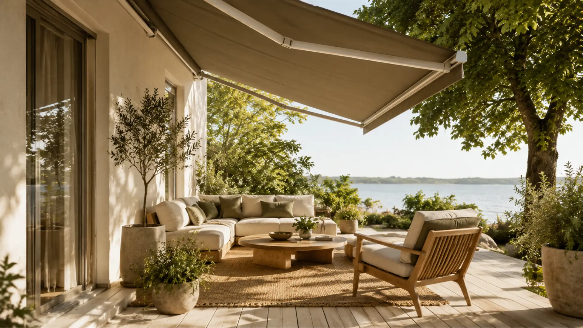 Utfälld beige terrassmarkis över en uteplats med loungemöbler och utsikt över vatten
