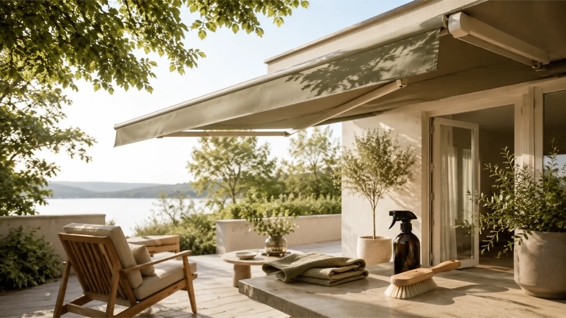 Olivgrön terrassmarkis över en uteplats, med rengöringsspray och borste på bordet