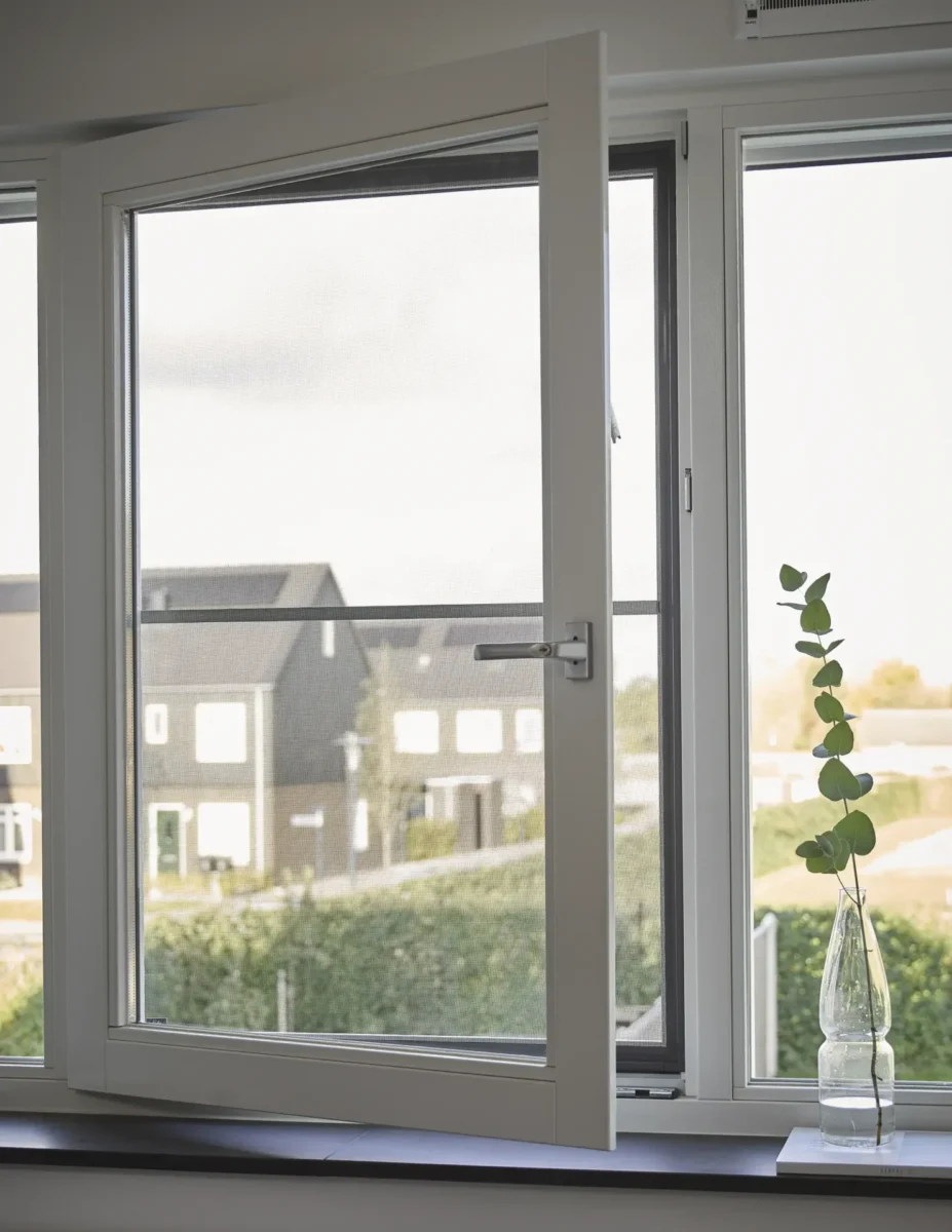 Öppet vitt fönster med insektsnät i öppningen och utsikt mot grå radhus
