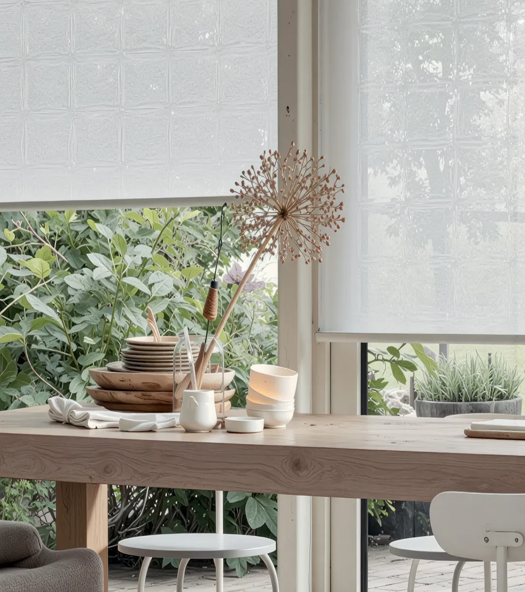 Vita, ljusgenomsläppliga rullgardiner halvt nerdragna vid ett matbord i trä